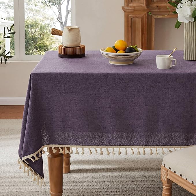 Linen Tablecloth with Tassels, Farmhouse Style Purple Tablecloth, Water Resistant Burlap Tablecloths for Square Table, 60x60 Inch Purple