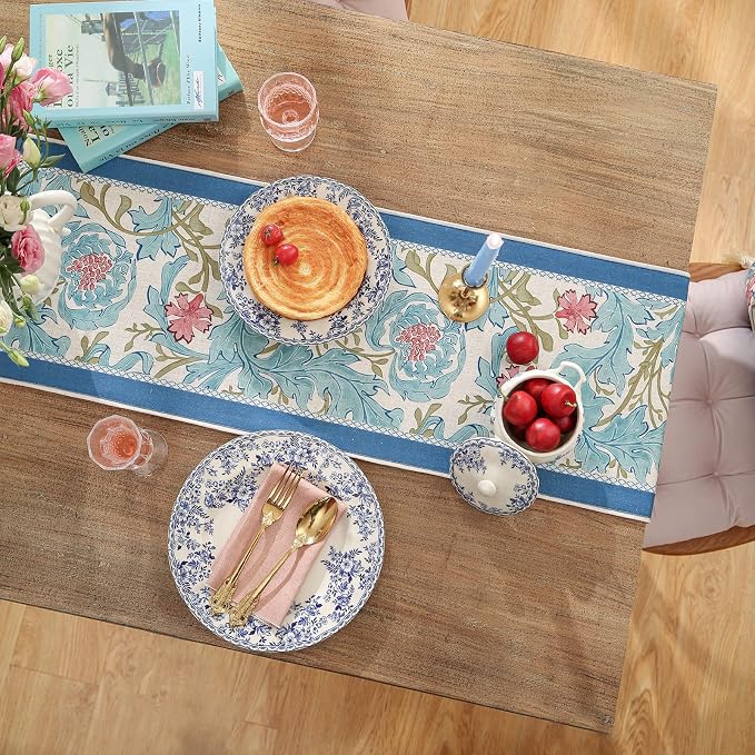 Patdrea Designer Vintage French Linen Table Runner, Elegant Blue Floral Pattern - Image 8