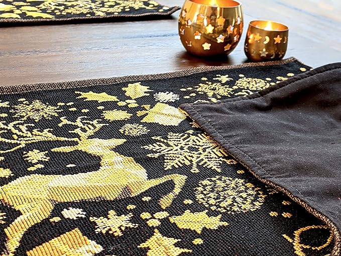 DaDa Bedding Set of 4-Pieces Magical Golden Reindeer Tapestry Placemats - Starry Winter Snowflake Festive Merry Christmas Holiday Yellow & Black - Needle Stitched Woven Table Mats - 13” x 19”