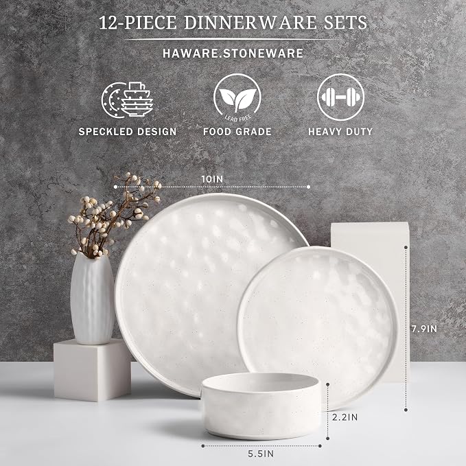HaWare Dinnerware Sets, 12-Piece Plates and Bowls Set, Speckled White | - Image 2