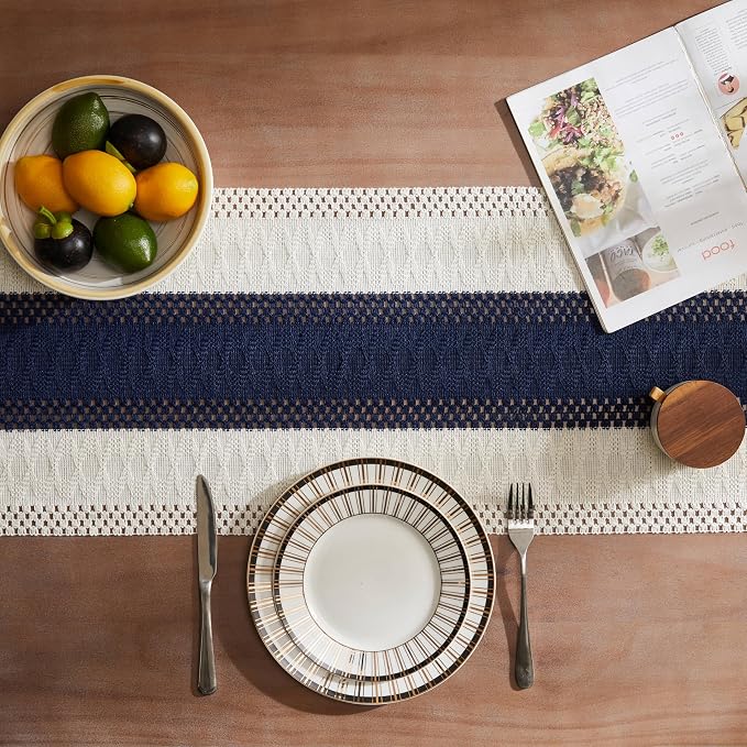 Macrame Style Bicolor Stitching Table Runner 14x48in Navy Blue | Woven Boho - Image 4
