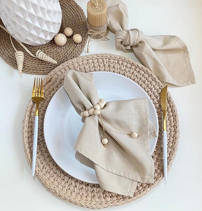 Handmade Napkin Ring with Wood Beads & Jute Twine - Affordable Rustic Wooden Napkin Ring Holder for Table Decoration | Boho Style Farmhouse Napkin Rings | Napkin Rings Set of 6