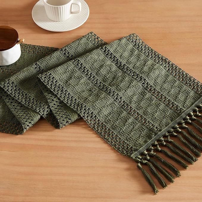 Macrame Style Boho Table Runner, 12x36 Inch Olive | Woven Boho Table Runner by ZEEMARTONLINE
