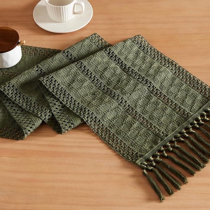 Macrame Style Boho Table Runner, 12x72 Inch Olive | Woven Boho Table Runner by ZEEMARTONLINE