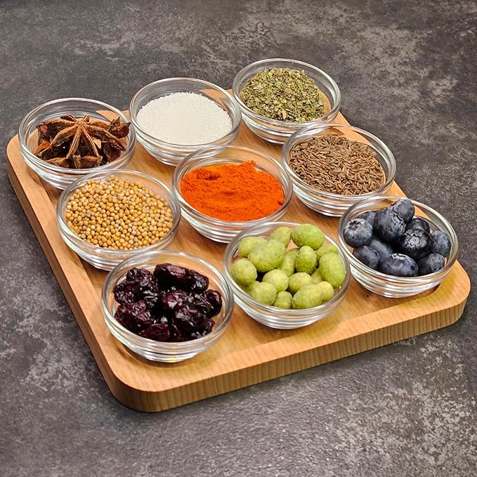 JO! Small Glass Bowl Set with Serving Tray - Set of 9 Mini Glass Bowls (1 oz) with Wooden Tray - Dishwasher & Microwave Safe - Ideal for Party, Snacks, Dipping Sauce, Charcuterie Board and Condiment