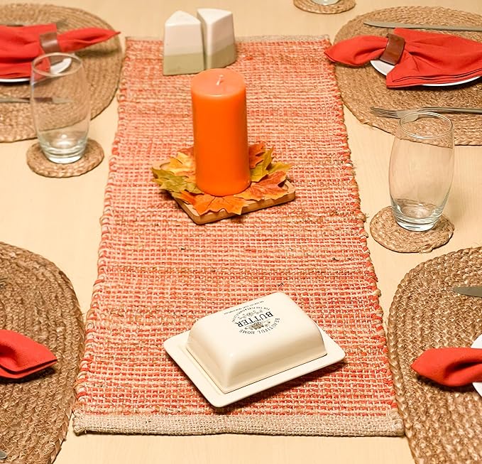 Natural Jute Table Runner, 13x48 Inch, Rust Orange | Vintage Boho Rustic Table by ChardinHome