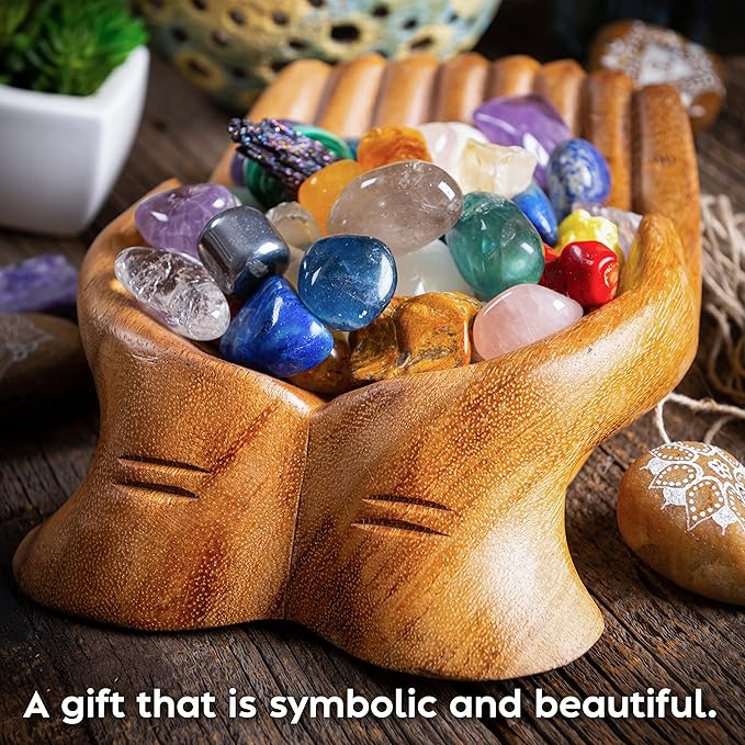Curawood Carved Hands Offering Bowl - Crystal Holder for Stones, Rock Collection Holder, Crystal Display Storage Tray, Wooden Hands Bowl for Keys - Rock Display Case for Shelf, Stand, Altar Decor (M)