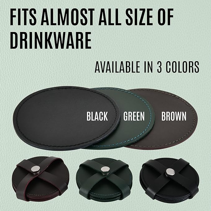 Genuine Leather, Premium Table Coasters by Leatherific, Round, 4 inch, Set of 6, with Holster, Handcrafted, Hand Made, Non Slip Drink Mats, Green (Forest Green, 4")