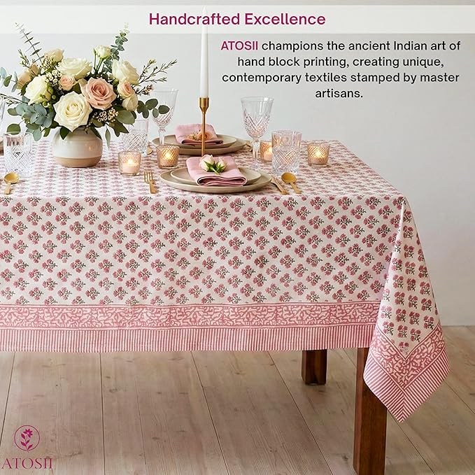 ATOSII Gulbahar White Pink 100% Cotton Fall Rectangle Tablecloth, Handblock Print Floral Table Cloth for Kitchen Dining Linen I Thanksgiving Christmas Weddings Outdoors I 72 X 108 Inches I 8 Seater