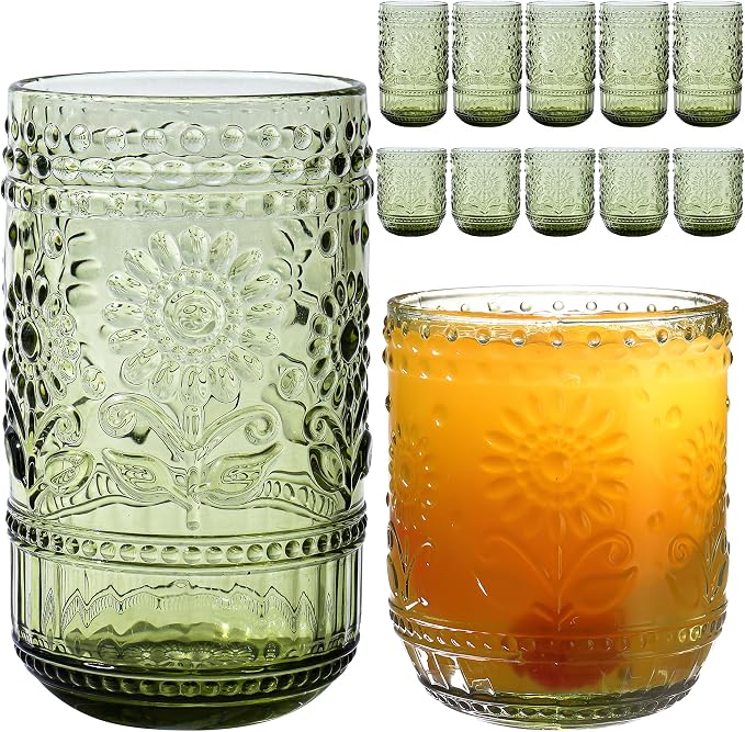 Green Drinking Glasses Set of 12, 16 Oz Highball & 13 Oz Cocktail Glasses by FERAHI