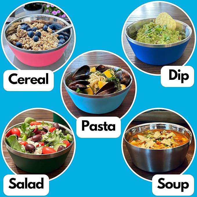 Stainless Steel Insulated Bowls for Kids and Adults - 20 Oz Double Wall Metal Bowls for Ice Cream, Soup, Cereal, Snack, Rice Dish, Camping Bowl (Stainless Steel)