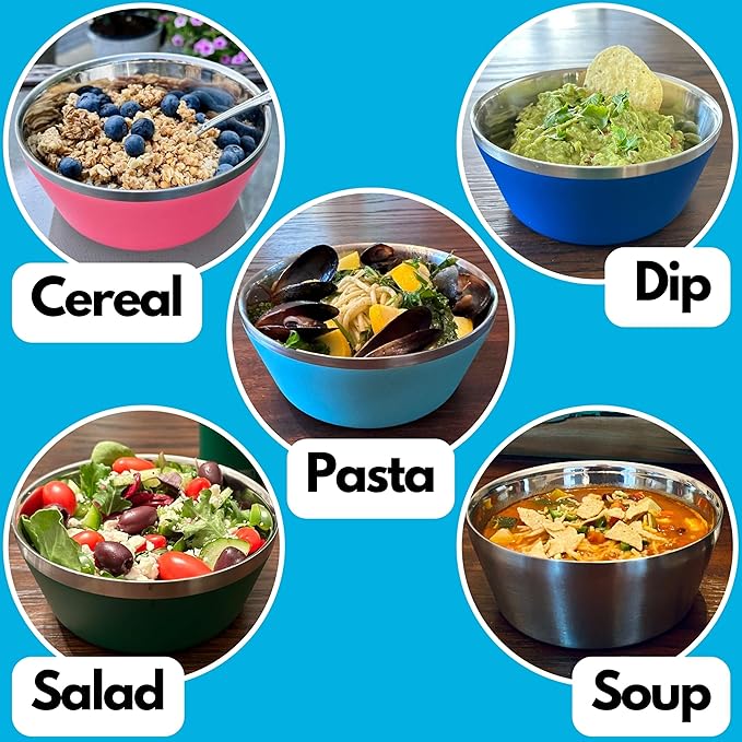 Stainless Steel Insulated Bowls for Kids and Adults - Set of 4-20 Oz Double Wall Metal Bowls for Ice Cream, Soup, Cereal, Snack, Rice Dish, Camping (Assorted 2 (Navy, Green, Teal Blue, Coral))