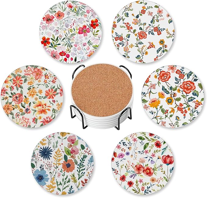 6 Pcs Drink Coasters with Holder,Abstract Flower Absorbent Round Ceramic Coaster for Tabletop Protection,for Coffee Cup Beverage Coasters Wine Beer Bar