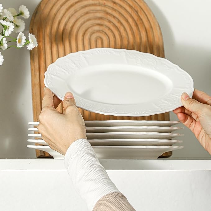 Neaylfe Ceramic Dinner Plates Set of 6, 10 inch Oval Embossed White Plates for Salad, Dessert, Appetizer, Steak, Large Flat Serving Plates for Kitchen, Restaurant, Parties