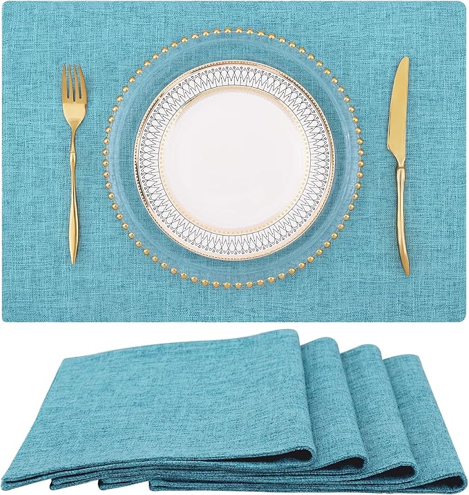 homing Cotton Linen Placemats Set of 4, Cloth Washable Farmhouse Dining Table Mats for Indoors & Outdoors, Easy to Clean, Light Blue, 13 x 19 Inch