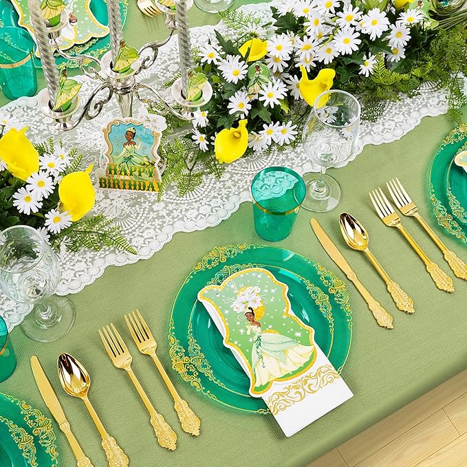 Hioasis 350pcs Green and Gold Plastic Plates - Green Party Plates for 50 Guest, Include 100 Heavy-duty Plates(20% Thicker Than Standard), 150 Cutlery Set, 50 Napkin, 50 Cups for St. Patrick's Day