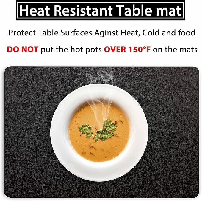 Wipeable Placemats Leather Table Mats Waterproof Heat-Resistant Easy to Clean for Dining Table Set Kitchen Table (6, Black)