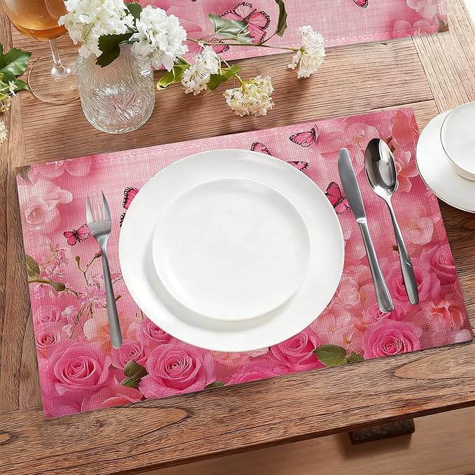Table Placemats Set of 6,Spring Flowers Cloth Placemats,Pink Butterfly Rose Floral Heat-Resistant Table Mats for Kitchen Dining Room Decoration,Non-Slip Fabric Place Mats 11.8x17.7 Inch