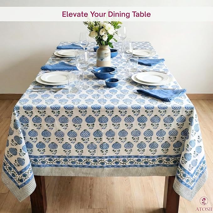 ATOSII Roma Blue 100% Cotton Boho Rectangle Fall Tablecloth, Handblock Floral Print Table Cloth Linen for Kitchen Dining I Parties Outdoors Weddings Holidays I Decor 72 X 108 Inches I 8 Seater