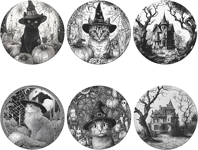 Halloween Cat Coasters Leather Round Drink Coasters 6 Pcs Set with Holderor for Cup Drink Coffee Table Bar Home Decor