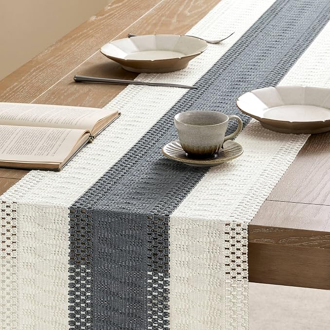 Macrame Style Bicolor Stitching Table Runner 14x48in Charcoal | Woven Boho - Image 4