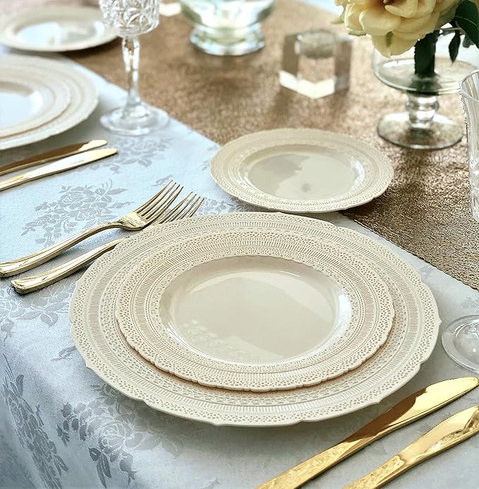 " OCCASIONS " 150pcs set (25 Guests)-Extra Heavyweight Vintage Wedding Disposable/Reusable Plastic Plates (25 x 11'' + 25 x 8.25'') + Silverware (Chateau Collection in Ivory)