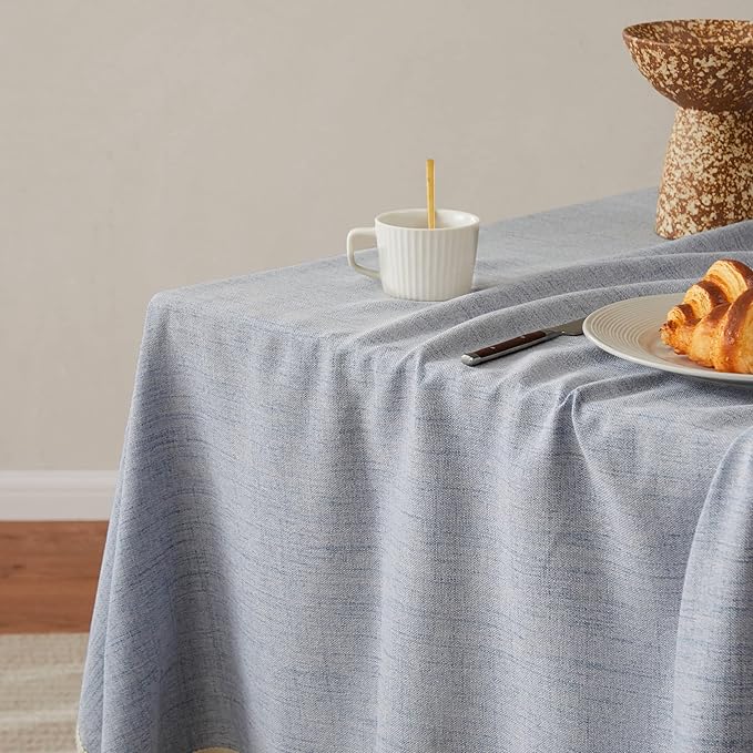 Linen Tablecloth with Tassels, Farmhouse Style Blue Tablecloth, Water Resistant Burlap Tablecloths for Square Table, 52x52 Inch Blue