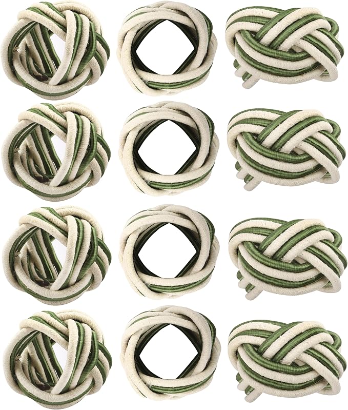 ALPHA Living HOME Modern Woven Napkin Rings Set of 12 - Green/White Polyester & Jute Table Decor for Weddings, Parties & Everyday Dining - Elegant & Durable Accessories (Green White)