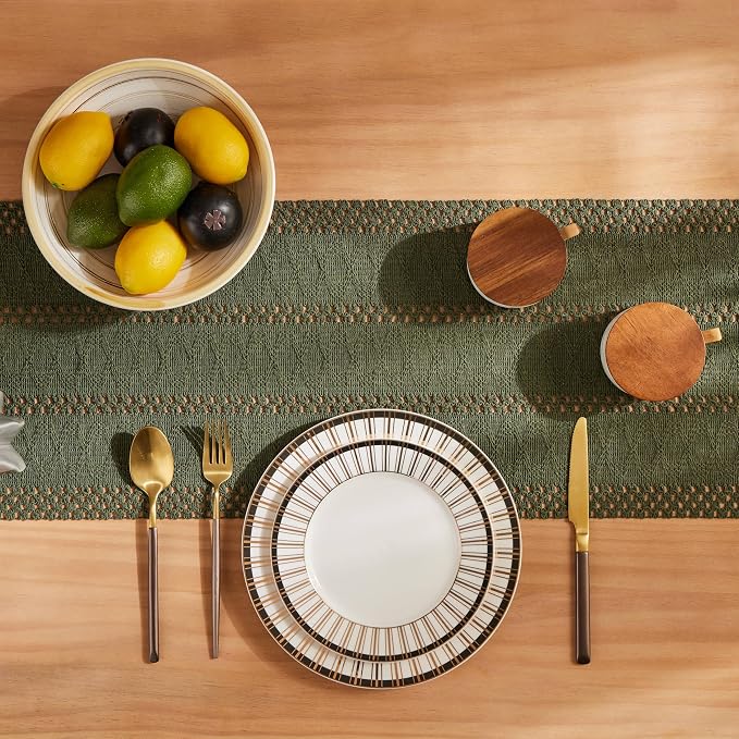 Macrame Style Boho Table Runner, 12x72 Inch Olive | Woven Boho Table Runner - Image 4