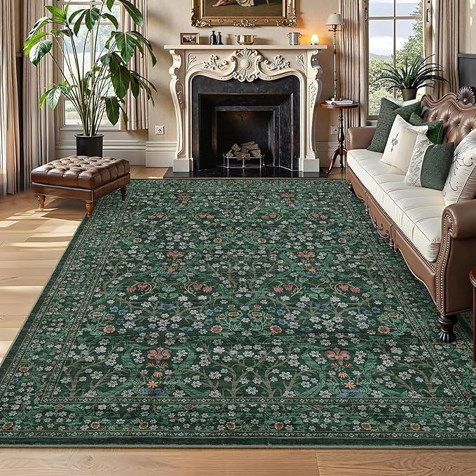 GarveeHome Washable Rug for Living Room, 8x10 Large Area Rug for Dining Room Under Table, Bedroom, Floral Soft Low Pile Non Slip Stain Resistant Carpet for Nursery, Playroom, Office, Dark Green