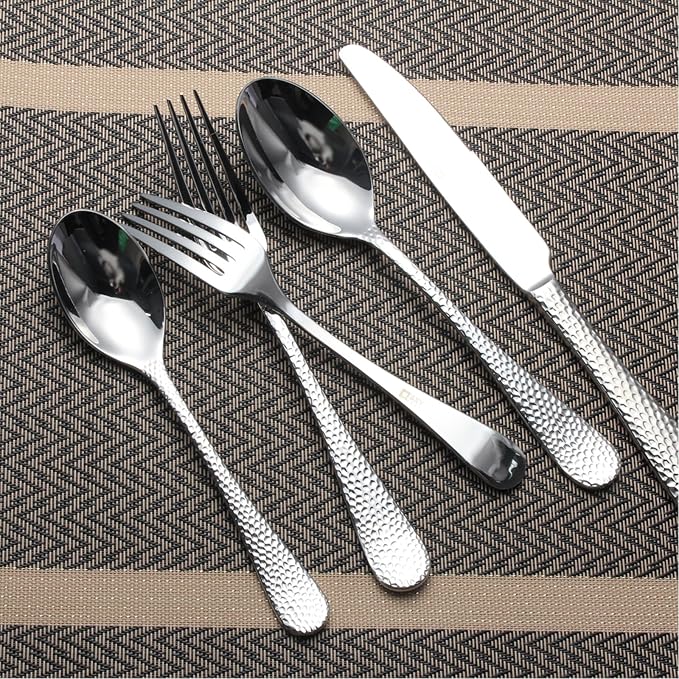 20-Piece Forged Hammered Stainless Steel Flatware Cutlery Set for 4, SXY INOX Shape of Water Drop Includes Dinner Knives/Forks/Spoons,Tea Spoons, Salad Forks, Mirror Polished - Dishwasher Safe