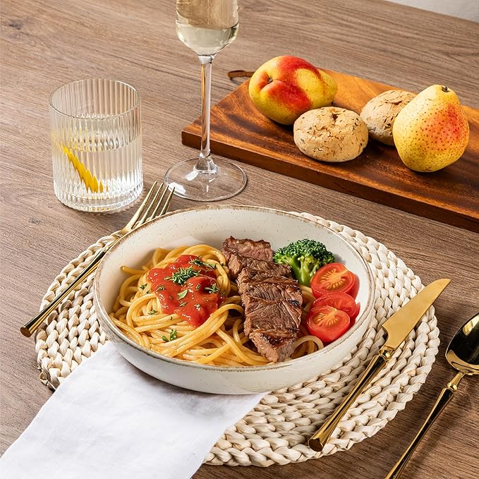 AmorArc 8.75'' Large Ceramic Pasta Bowls, 36oz Handpainted Stoneware Bowls Set of 4, Microwave&Dishwasher Safe Bowls with Wavy Rim&Rustic Terracotta Underside for Pasta Salad, Handbrush Rim