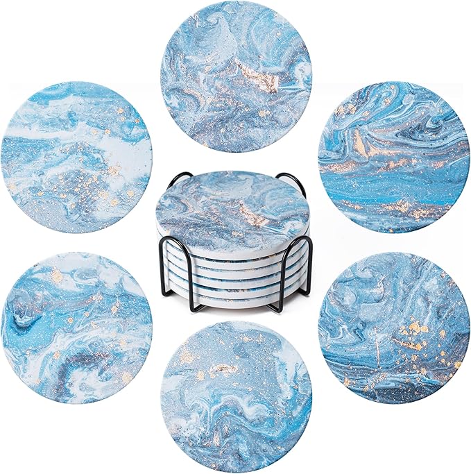 Hoewina 6Pcs Drink Coasters with Holder, Marble Style Ceramic Drink Coaster, Absorbent Coasters Set Suitable for Kinds of Cups, Modern Style Coaster for Coffee Table, 4 Inches（Style 9）