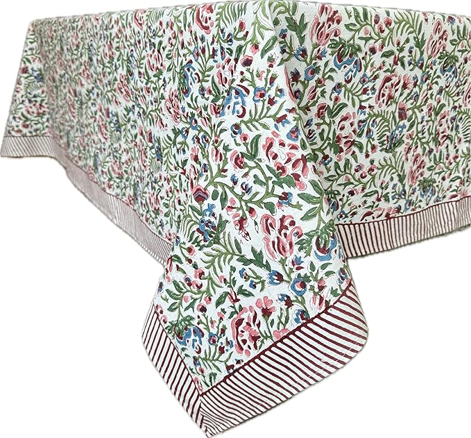 ATOSII Ambrosia 100% Cotton Square Boho Spring Summer Tablecloth, Handblock Floral Table Cloth Linen for Kitchen Dining Parties Wedding Outdoors Easter I 60 X 60 Inches I 4 Seater
