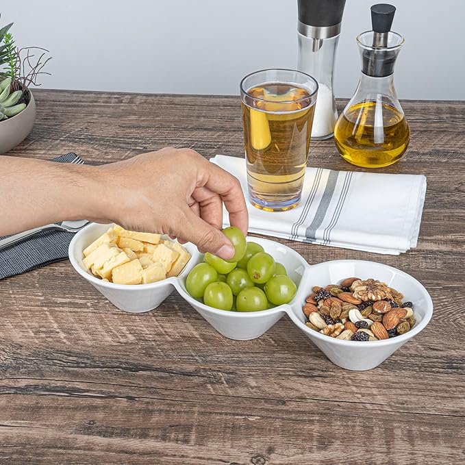 Restaurantware-13.4 x 4.9 x 2.3 Inch Triple Dip Bowls, 1 Microwavable Condiment Server - 3 Compartments, Microwavable, White Porcelain Dip Tray, Dishwashable, For Snacks, Condiments, Or Toppings