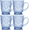 Blue Glass Mugs Set of 4, 10oz Coffee Cups or Vintage Tea Cups, Aesthetic Blue by Yungala