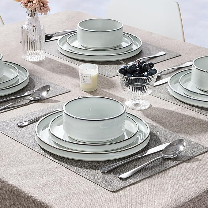 Herogo Plates and Bowls Dinner Dishes Sets for 6, 18 Pieces Ceramic Stoneware Dinnerware Set, Rustic Terracotta Bottom, Dishwasher & Microwave Safe, Icy White