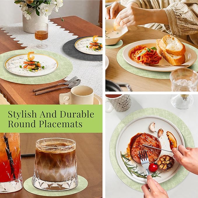 13-Inch Faux Leather Round Placemats Set of 6, Waterproof Anti-Slip Dual Sided Place mats, Heat Resistant Washable Table Mats with Coaster, Suitable for Indoor & Outdoor (6, Black Light Green)