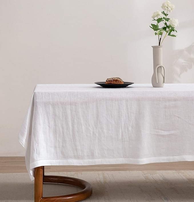 EVERLY Pure Linen Hemstitch Tablecloth,100% Stonewashed French Linen tablecloths for Kitchen Dining Rectangle Tables,60x144Inch Machine Washable Christmas Thanksgiving Organic Tablecloth-White