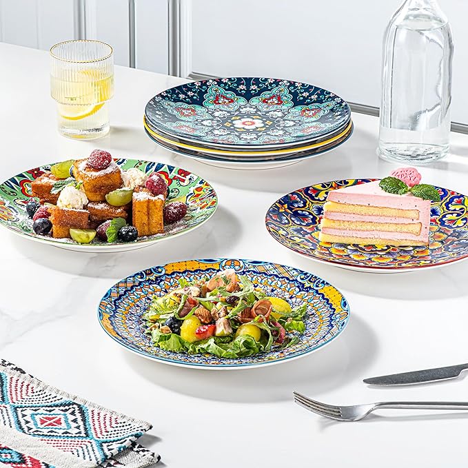 HENXFEN LEAD Ceramic Dessert, Salad Plates 8.5 Inch, Small Dinner Plate Set of 6- Serving Dishes for Thanksgiving & Christmas, Dishwasher & Microwave Safe - Bohemian Style