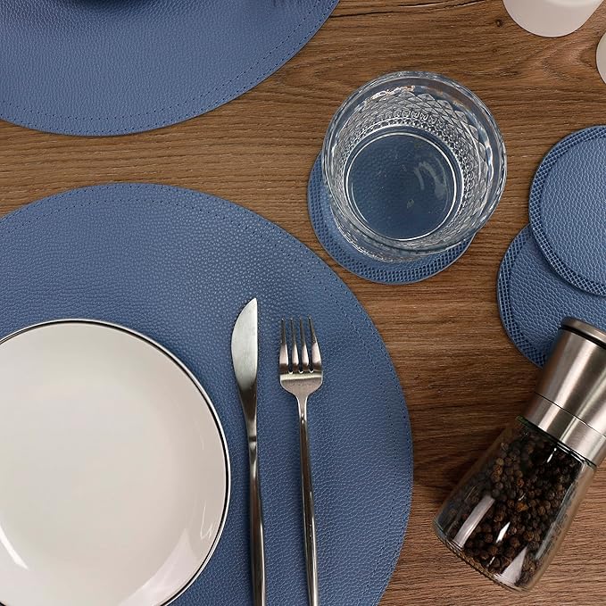 Set of 8 Faux Leather Round Placemats and Coasters, Coffee Mats Kitchen Table Mats, Waterproof, Easy to Clean for Kitchen Dining Round Table