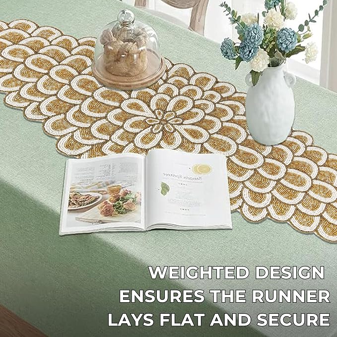 Gold Beaded Table Runner, 36 in, Farmhouse Holiday Décor | 13x36 in, 85% glass - Image 8