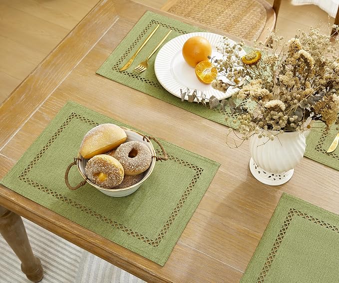 Farmhouse Burlap Hollow Placemats Set of 6, 12 x18 Inch Sage Green | Double - Image 3