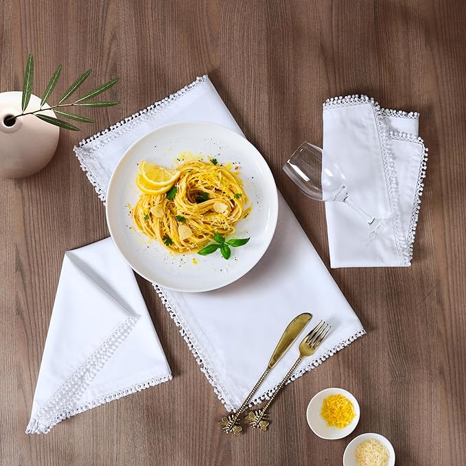 Bedding Craft Cotton Cloth Dinner Napkins Set of 12 – 18x18 Smart White with Decorative Lace Selvedge – Elegant Machine Washable Fabric Napkins for Weddings, Parties, Baby Showers & Table Décor