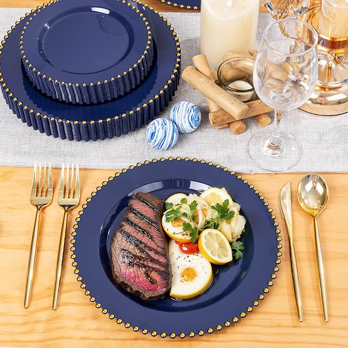 EI 60pcs Dark Blue Plastic Plates with Gold Rim Disposable,Blue Plastic Plates Disposable for Party,Heavy Duty 10" Dinner & 7" Dessert Plate Fancy Elegant Plate for Wedding,Birthday,Afternoon Tea