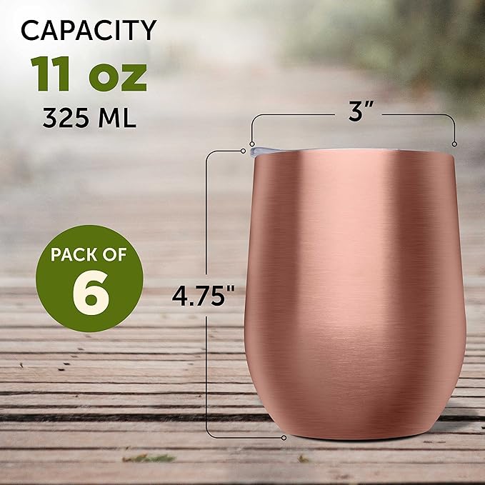 DISCOUNT PROMOS Stemless Wine Glass Tumblers with Lids by Largo 11 oz. Set of 6, Bulk Pack - Perfect for Wine, Cocktails, Other Hot & Cold Beverages - Rose Gold