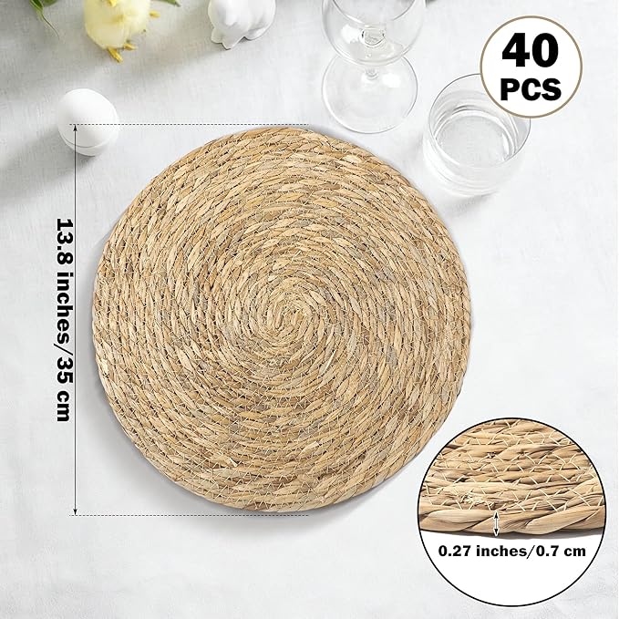 Elcoho 40 Pieces Round Woven Placemats 13.8 Inch Boho Rattan Placemats Farmhouse Braided Place Mats Woven Plate Chargers Rustic Wicker Table Mats for Dining Table