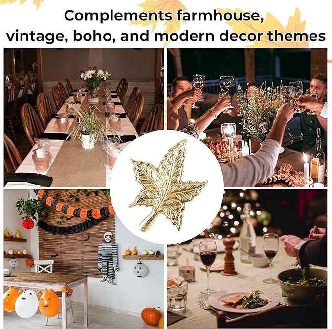 ALPHA Living HOME Leaf Decor Napkin Rings - 12 Pcs Modern Napkin Ring Dining Metal Table Décor for Wedding, Holiday, Thanksgiving, Christmas, Formal Dining & Special Occasions (Gold)