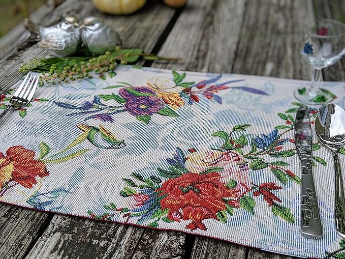 DaDa Bedding Tropical Paradise Floral Blue Roses Placemats - Set of 4 Tapestry Nature Birds Exotic Flowers Botanical Garden Berries - Decorative Linen Woven Kitchen Dining Table Mats - 13” x 19”