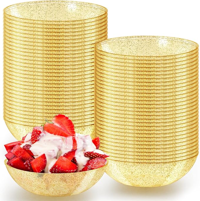 Gerrii 100 Pack Gold Glitter Plastic Bowls 14oz Disposable Salad Serving Bowls Heavy Duty Clear Dessert Soup Containers for Party, Wedding, Birthday, Dinner and Christmas